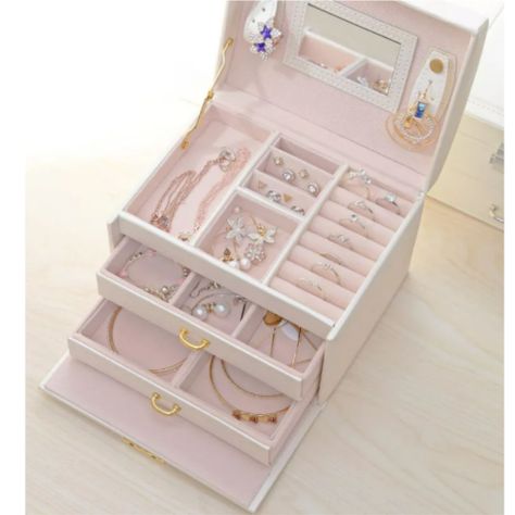 Joyero Organizador con espejo y llave Delux 3 Niveles Rosa-3