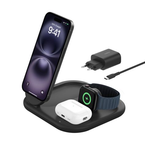 Base de carga 3 en 1 plegable BoostCharge Qi2 15 W Negra-0