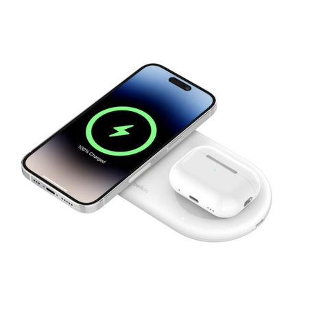 Base de carga 2 en 1 inalambrica plana Qi2 con USB-C Blanca-0