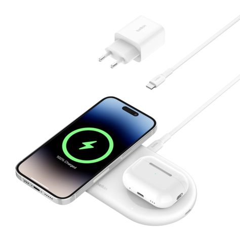 Base de carga 2 en 1 inalambrica plana Qi2 con USB-C Blanca-1