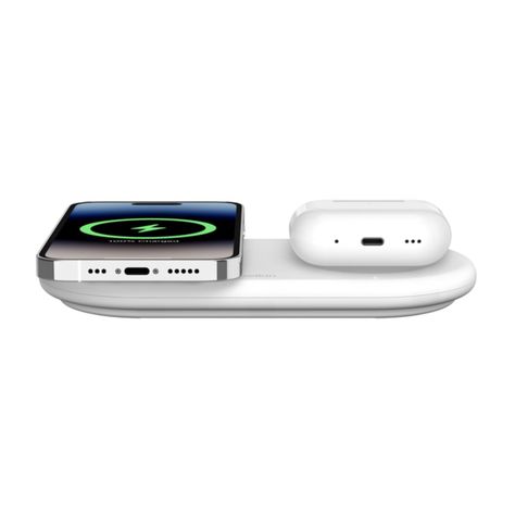 Base de carga 2 en 1 inalambrica plana Qi2 con USB-C Blanca-3