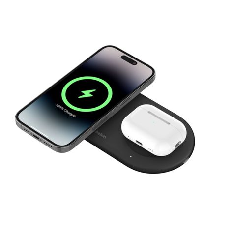 Base de carga 2 en 1 inalambrica plana Qi2 con USB-C Negra-0