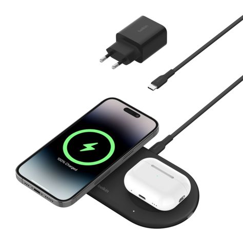 Base de carga 2 en 1 inalambrica plana Qi2 con USB-C Negra-1
