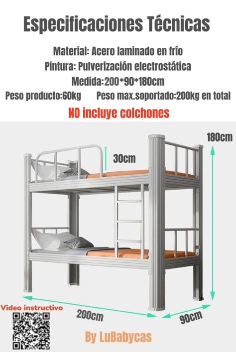 Camarote Metálico 1 Plaza 200x90x180cm Con Bases LuBabycas-7