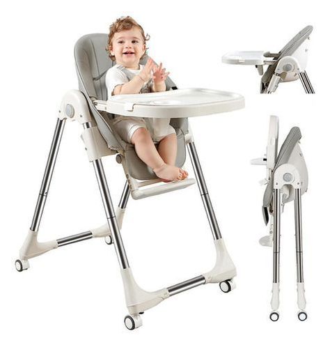 Silla De Comer Lubabycas Plegable Con Ruedas Gris-1