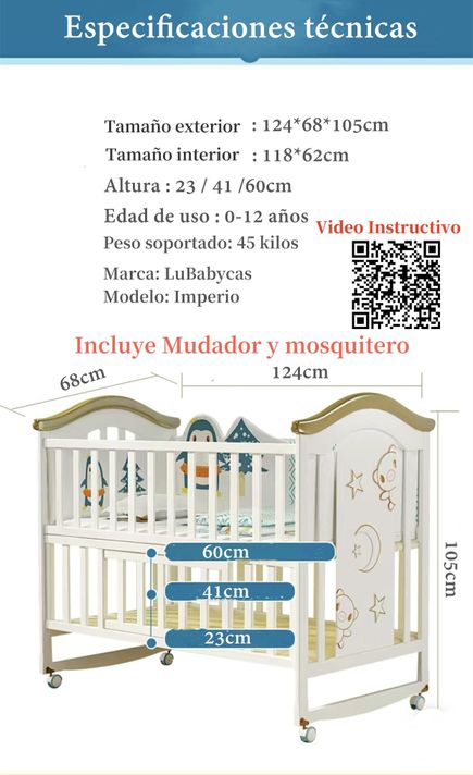 Cuna Colecho Madera Con Mudador Mosquitero Lubabycas Rosada-7