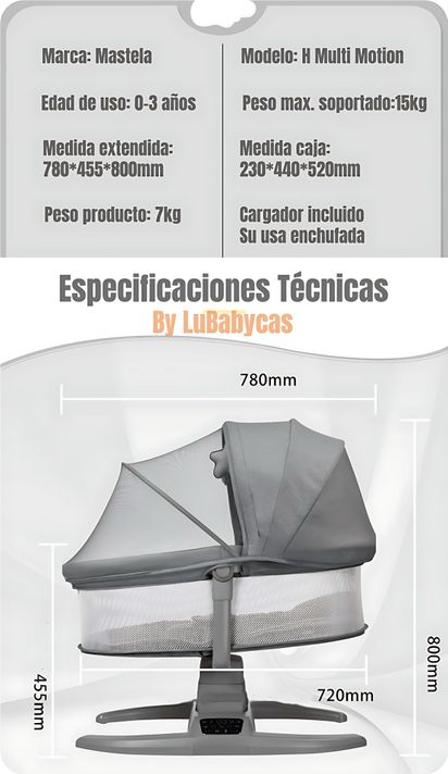 Cuna Mecedora Eléctrica 2 En 1 Mastela Gris LuBabycas-7