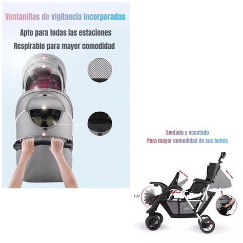 Coche Doble Duo Reclinable Plegable Gris By LuBabycas-5