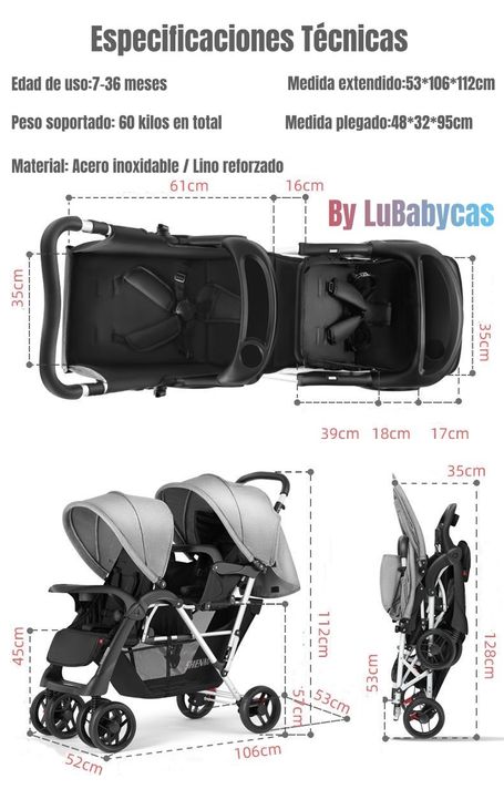 Coche Doble Duo Reclinable Plegable Gris By LuBabycas-7