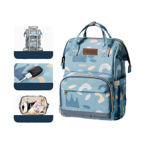 Mochila Maternal Impermeable Con Usb Lubabycas Azul-0