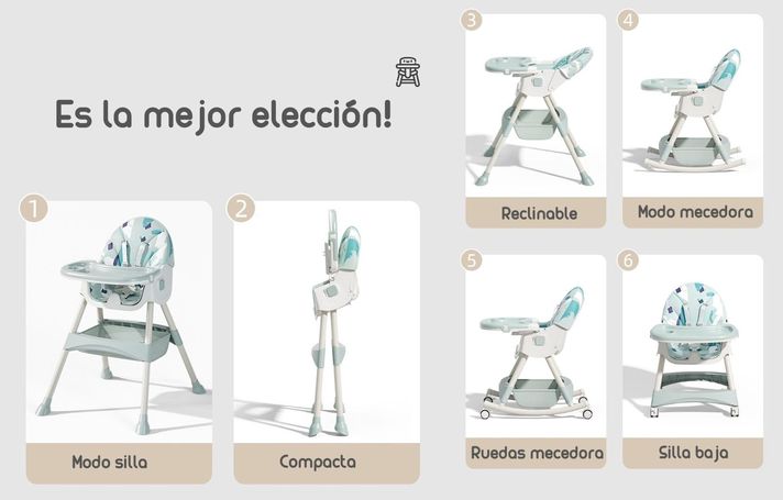 Silla De Comer Mecedora 2 En 1 Con Ruedas Verde Lubabycas-2