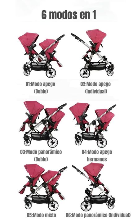 Coche Doble Duo Reclinable 6 Modos En 1 LuBabycas Gris-2