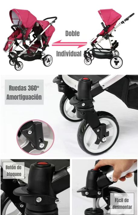 Coche Doble Duo Reclinable 6 Modos En 1 LuBabycas Gris-3