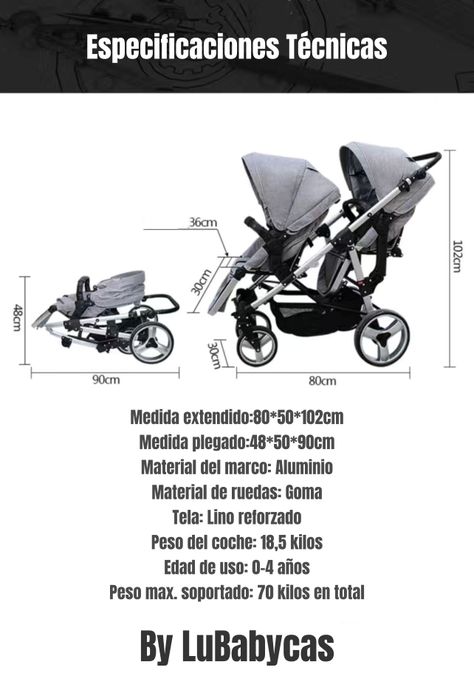 Coche Doble Duo Reclinable 6 Modos En 1 LuBabycas Gris-7