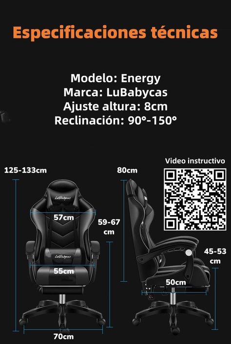 Silla Gamer Reclinable Con Reposa Pies Negra LuBabycas-7