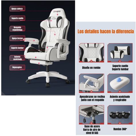 Silla Gamer Ergonómica Reclinable Con Reposapies Blanca-2