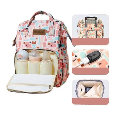 Mochila Maternal Impermeable Con Usb Lubabycas Rosada-0