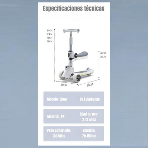 Scooter 3 Ruedas 2 en 1 Últra Resistente LuBabycas Gris-4