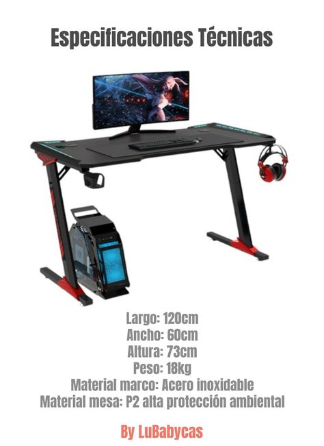 Escritorio Gamer 120x60x73cm Con Luces Negro LuBabycas-5