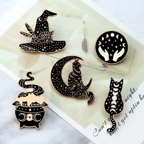 Set Pines Broches gotico Bruja gato negro proteccion Dark-3