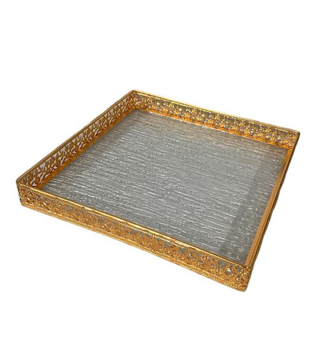 Bandeja De Vidrio Dorado Decorativa Servir Elegante-0