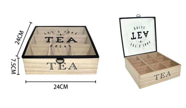 Caja De Té Mediana De Madera 9 Espacios Tapa Transparente-1