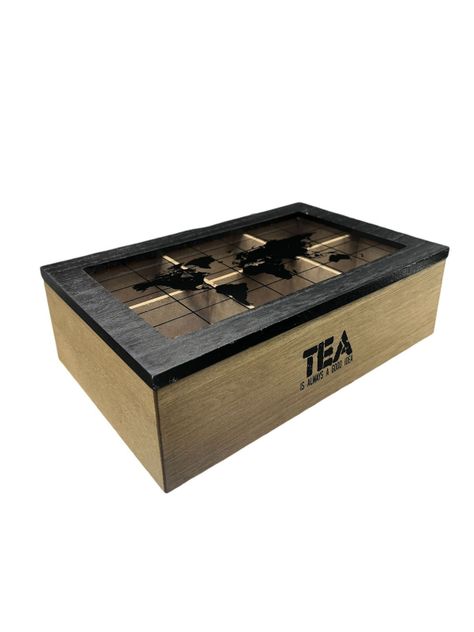 Caja De Té Mediana De Madera 6 Espacios Con Diseños Mapa N-0
