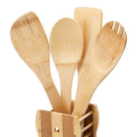 Juego Utensilios Madera Con Soporte Base 4 Piezas Cocina-0
