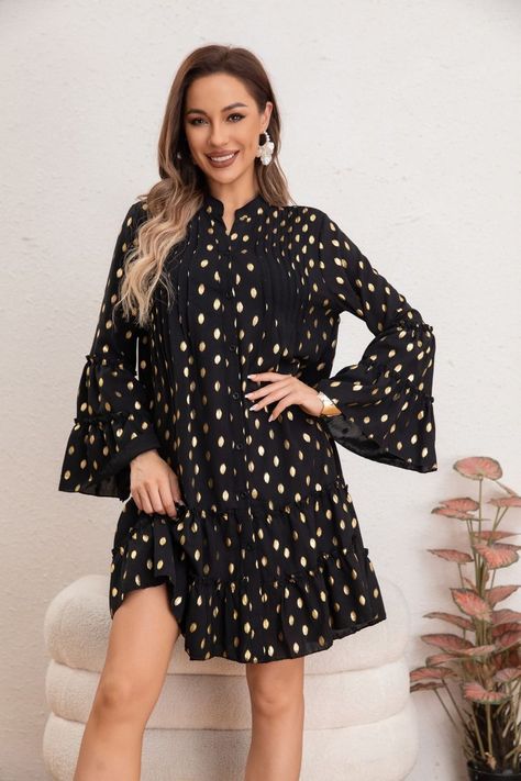 Vestido Corto Mujer Manga Larga Ancha Diseño Puntos 0043-0