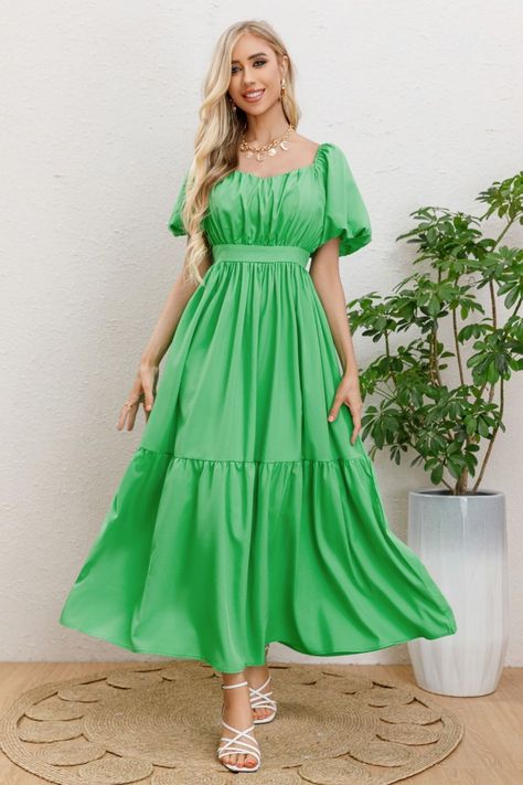 Vestido Largo Mujer Manga Globo Corta Cuello V 3345-1