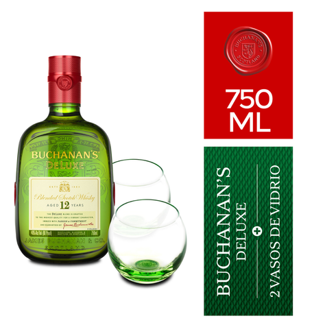 Pack Whisky Buchanans 12 Años 750ml + 2 Vasos-0