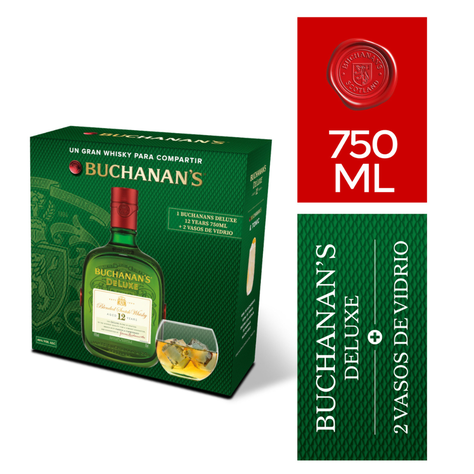 Pack Whisky Buchanans 12 Años 750ml + 2 Vasos-1