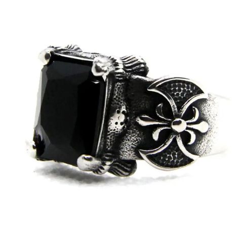Anillo Acero Vintage con Piedra Negra Grande y Flor de Lis N° 9-1
