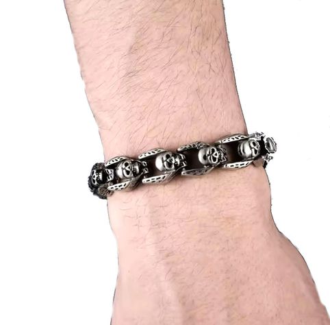 Pulsera Acero Eslabones Calaveras Talladas-1