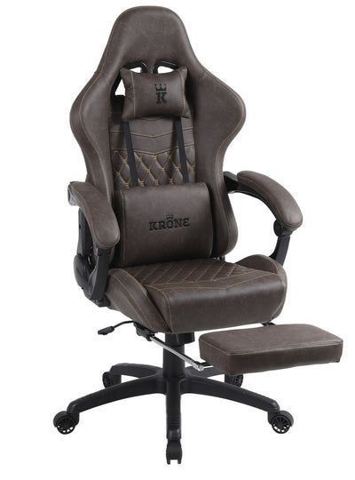 Silla Gamer Krone XL Reclinable + Masaje Lumbar + Apoyapiés - Café-2