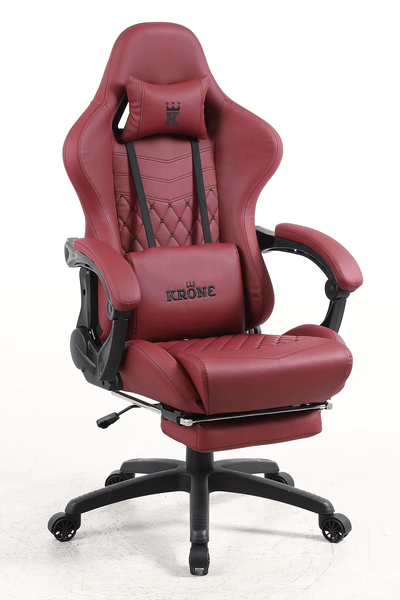 Silla Gamer Krone XL Reclinable + Masaje Lumbar + Apoyapiés - Burdeo-0