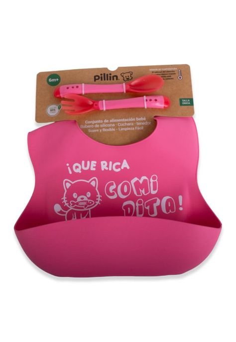 Set Babero y cubiertos Bebé Niña Fucsia Pillin-0