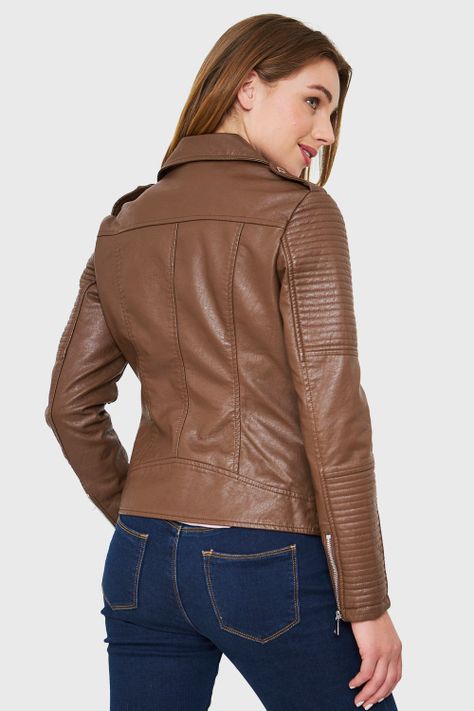 Chaqueta Tipo Biker Ecocuero Café Nicopoly-3