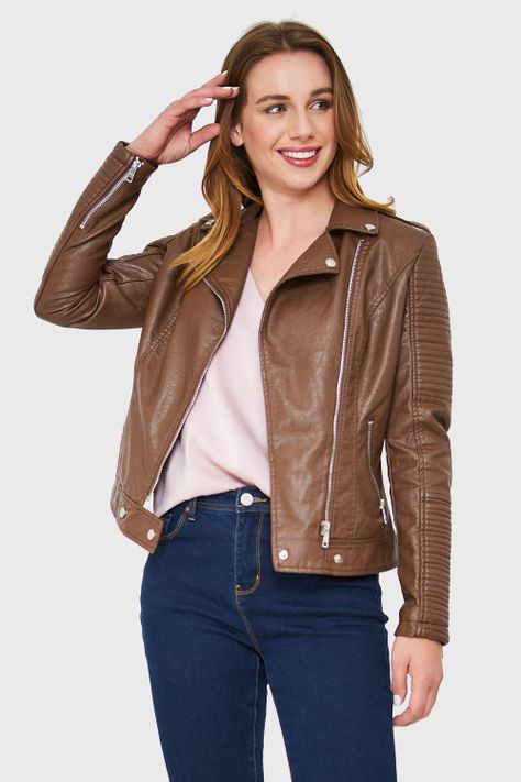 Chaqueta Tipo Biker Ecocuero Café Nicopoly-0