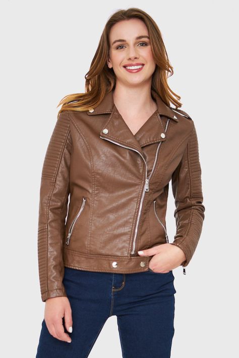 Chaqueta Tipo Biker Ecocuero Café Nicopoly-4