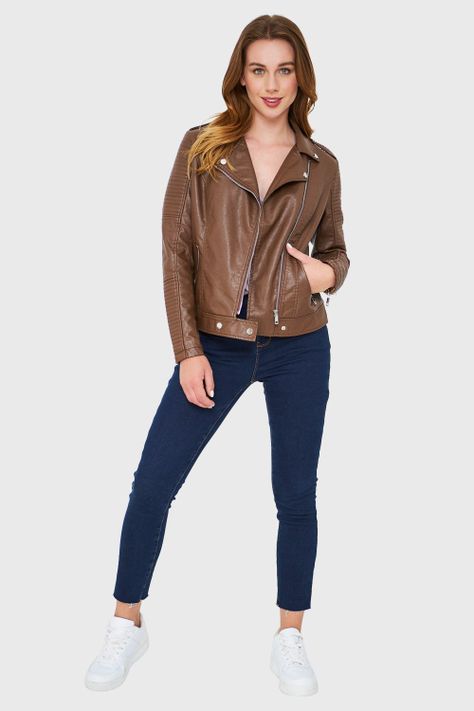 Chaqueta Tipo Biker Ecocuero Café Nicopoly-1
