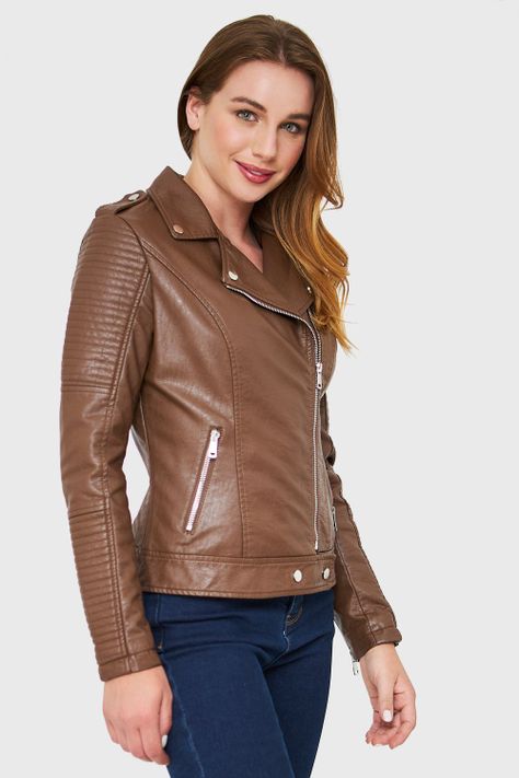 Chaqueta Tipo Biker Ecocuero Café Nicopoly-2