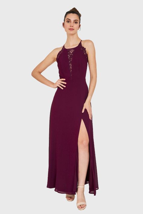 Vestido Detalles Encaje y Tajo Burdeo Nicopoly-0