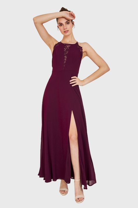 Vestido Detalles Encaje y Tajo Burdeo Nicopoly-4