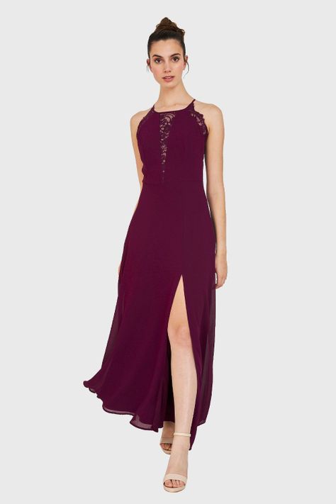 Vestido Detalles Encaje y Tajo Burdeo Nicopoly-1