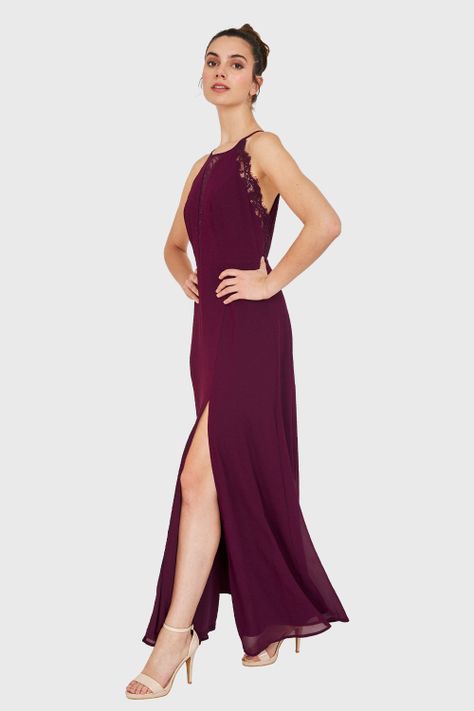 Vestido Detalles Encaje y Tajo Burdeo Nicopoly-2