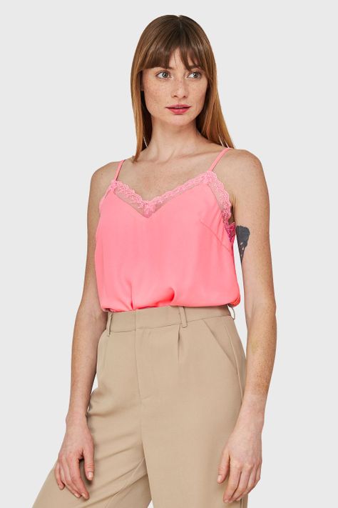 Blusa Escote V Encaje Rosado Nicopoly-2