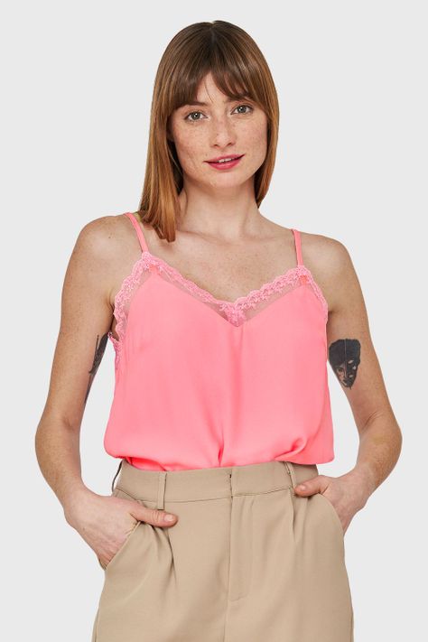 Blusa Escote V Encaje Rosado Nicopoly-4