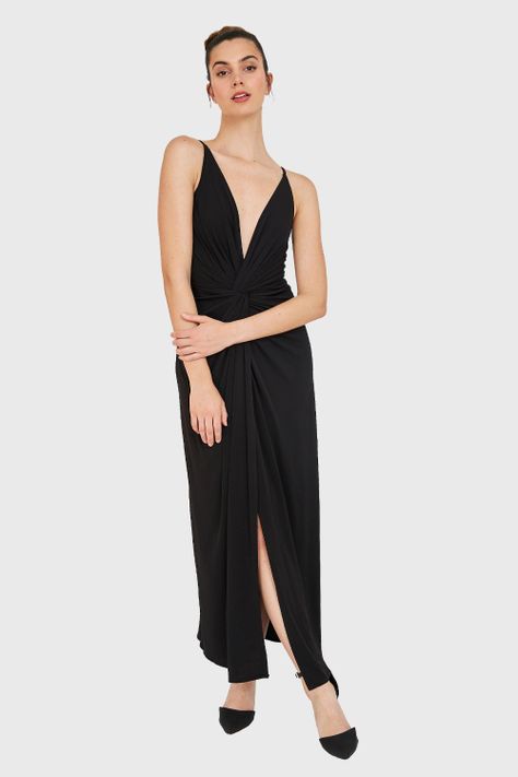 Maxi Vestido Nudo Y Tajo Negro Nicopoly-4