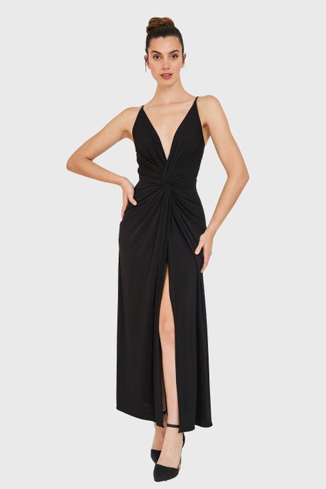 Maxi Vestido Nudo Y Tajo Negro Nicopoly-0